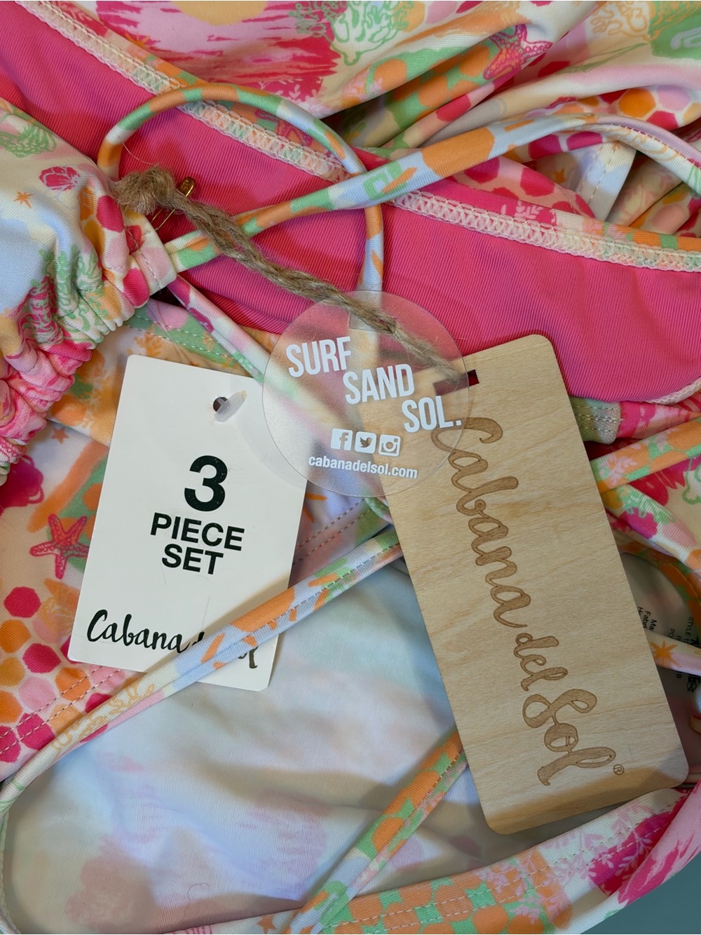 Cabana Del Sol Pastel Patchwork Pink Green Peach Triangle Bikini Set Skirt XL - Picture 6 of 7